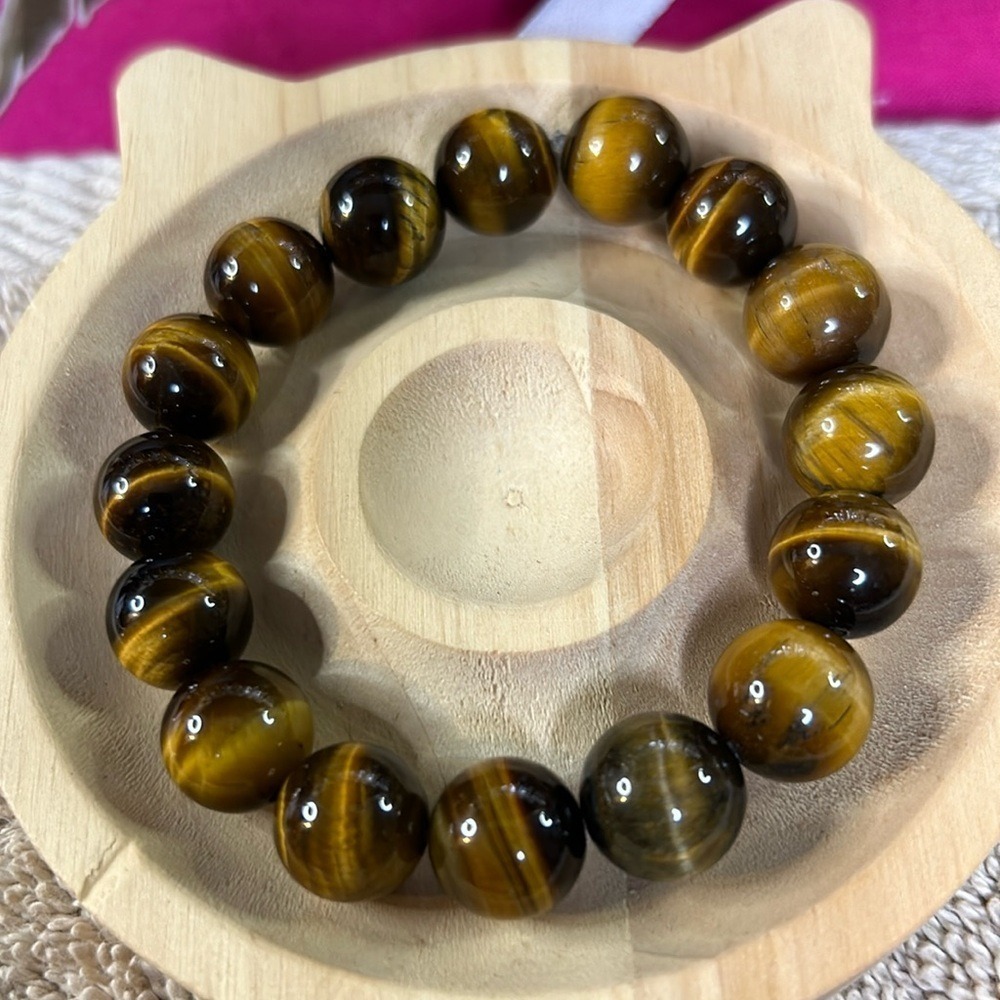 Natural Tigers Eye Beaded 12mm Stretch 7" Bracelet Gold Brown Chatoyant Gemstone